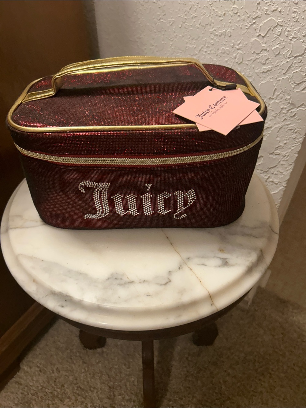 Juicy Couture Red Glitter Cosmetic Case with Gold Accents. NWT